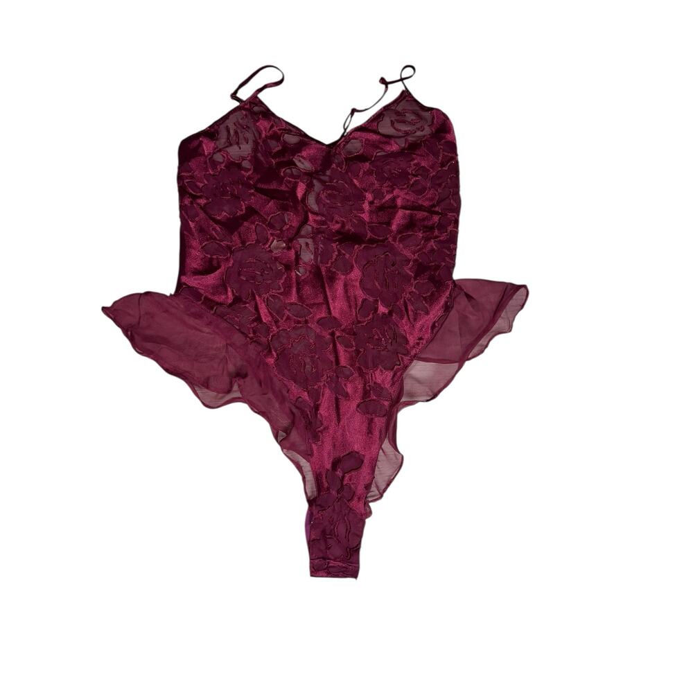 Vintage 90s Victoria Secret  Gold Label Maroon Teddy ruffles Lace Floral Medium